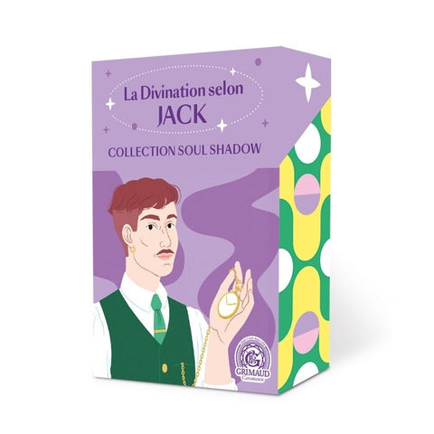La Divination selon JACK kortų rinkinys – violetinė stilinga dėžutė su iliustruotu vyru, kišeniniu laikrodžiu ir Grimaud logotipu