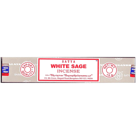 Smilkalai Satya White Sage, 15 g pakuotė su baltai-raudona priekinės etiketės dizainu ir „Export Quality“ ženkleliu