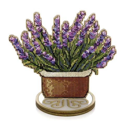 Levandų kryželių siuvinėjimo rinkinys ant medžio pagrindo 12,5×11,5 cm