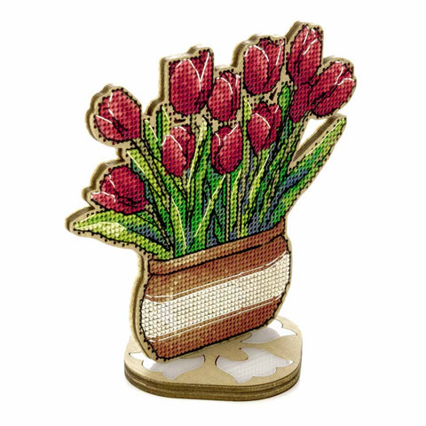 Medinė kryželių siuvinėjimo rinkinio pakabukas „Tulpės“ 12,5×11,5 cm