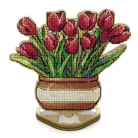 Medinė kryželių siuvinėjimo rinkinio pakabukas „Tulpės“ 12,5×11,5 cm
