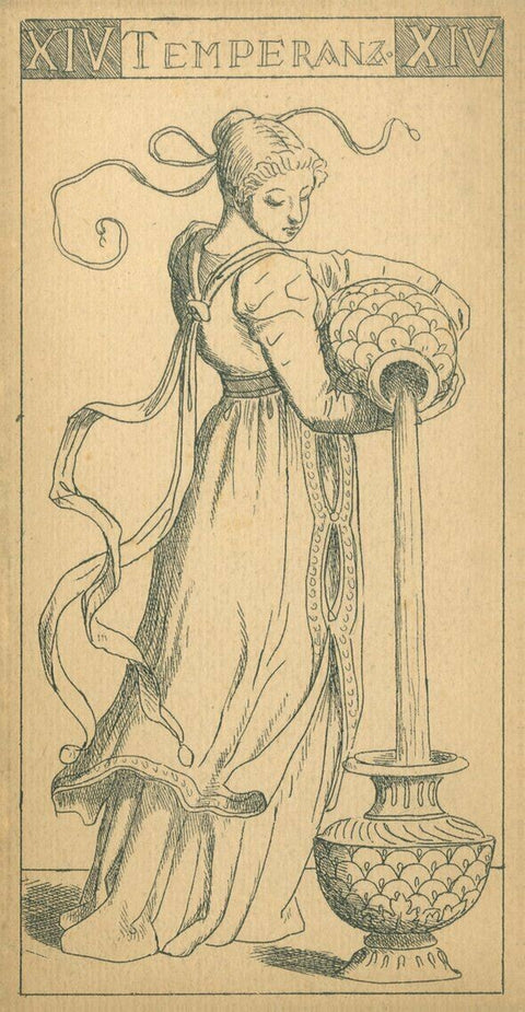 tarot korta Temperance (XIV) — smulkus rudos ir juodos linijų piešinys, moteris pila vandenį iš ąsočio, profilio variantas