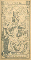 tarot korta La Papessa, juodai‑balta linijinė iliustracija, sėdinti figura su atvira knyga ir angelais virš galvos