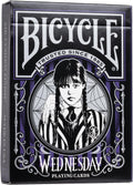 Bicycle žaidimo kortos Wednesday juodo ir violetinio dizaino, standartinės dėžutės priekinė pakuotė su Tuesday personažo portretu
