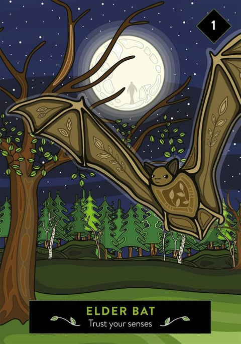 Elder Bat korta — naktinė miško iliustracija su mėnuliu, skraidančiu rudu šikšnosparniu ir tolumoje matomu žmogaus siluetu