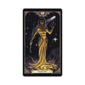 Tarot korta Imagination su juodu fonu ir auksine mistine figūra, vertikali iliustracija su II kortos ženklu