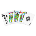 Kortos GOPAG baltos, penkių kortų vėduoklė (10, J♦, Q♣, K♥, A♠) su ryškiais spalvotais karalių piešiniais priekyje