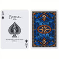 Bicycle kortos Ace of Spades priekinė korta su didžiuoju piku ir ornamentu; mėlyno‑oranžinė drakono nugarėlė