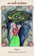 tarot korta Sigyn: akvarelinė iliustracija runų tematikos, baltaplaukė moteris laiko dubenį, virš jos žalia gyvatė drėkina jį dripsais