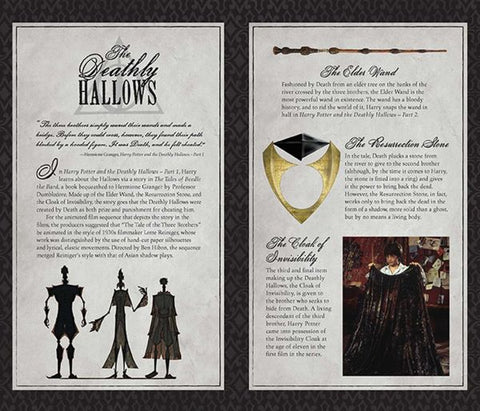 Harry Potter Deathly Hallows plakatas — atviras dvipusis puslapis su aukso žiedu, burtų lazda ir stilizuotomis figūromis, skirtas sienai