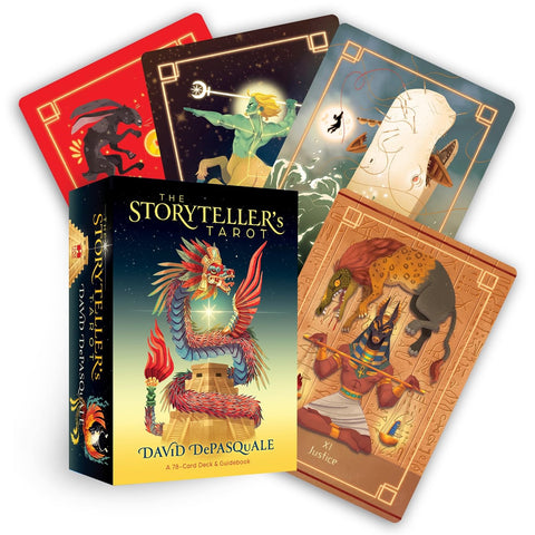 Tarot kortos The Storyteller’s Tarot (David DePasquale) – spalvinga 78 kortų dėžutė su keliais išskleistais iliustruotais kortų pavyzdžiais