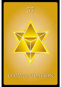 tarot korta Komunikacija (33) aukso spalvos, geometrinė žvaigždė centre, skirtas bendravimo įžvalgoms ir meditacijai