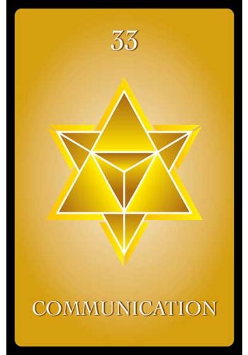 tarot korta Komunikacija (33) aukso spalvos, geometrinė žvaigždė centre, skirtas bendravimo įžvalgoms ir meditacijai