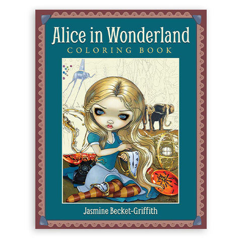 Spalvinimo knyga Alice in Wonderland Jasmine Becket-Griffith — tamsiai mėlynas viršelis su didelių akių mergaitės iliustracija, rodoma kaip pagrindinis parduotuvės variantas