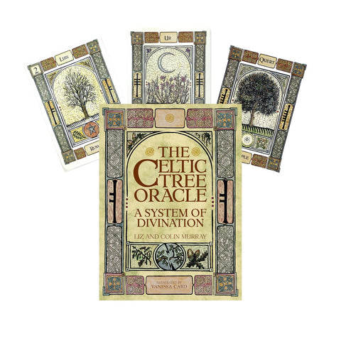Celtic Tree Oracle kortų rinkinys su knygute ir trimis pavyzdiniais kortomis, antikvarinio stiliaus viršeliu ir detalizuotomis iliustracijomis