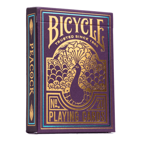 Lošimo kortos Bicycle violetiniame dėkle su aukso folija ir pavo motyvu, priekio vaizdas, prabangus kolekcinis variantas