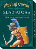 Kortos Gladiators: žalsva dėžutė su iliustruotu gladiatoriumi mėlytu plunksnu, geltonu skydu ir kardu, 54 kortos