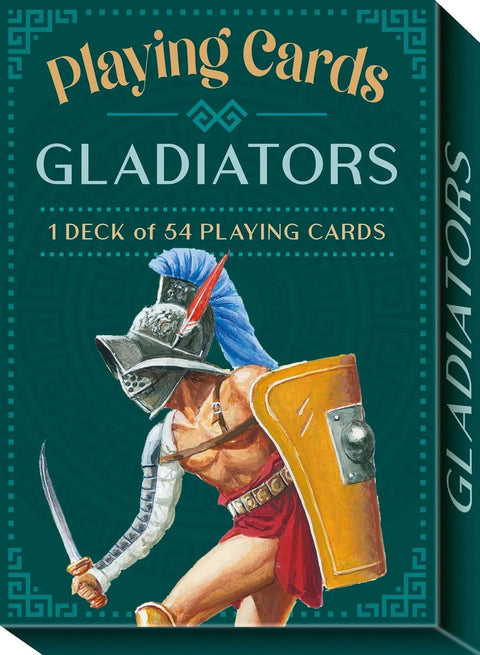 Kortos Gladiators: žalsva dėžutė su iliustruotu gladiatoriumi mėlytu plunksnu, geltonu skydu ir kardu, 54 kortos