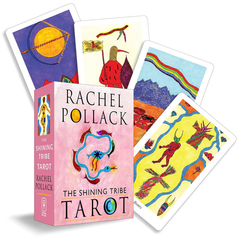 Tarot kortos Rachel Pollack rožinėje dėžutėje, fanuotai išdėstytos ryškiaspalvės kortos matomos priekinėje kompozicijoje