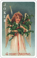 Kalėdinis atvirukas su angelu ir karklo šakelėmis, vintage stiliaus pastelinių spalvų priekinis dizainas