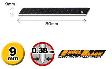 OLFA ASBB-10 9 mm juodos „Excel Black“ atsarginės peilio geležtės