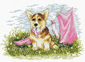 Kryželių rinkinys Corgi šuo pievoje su rožiniais skalbiniais, spalvotas detalus modelis 30×24 cm, skirtas pradedantiesiems