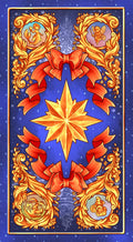 tarot korta – mėlynos nugarėlės variantas su auksine aštuonšakle žvaigžde ir ryškiomis raudonomis kaspinėmis