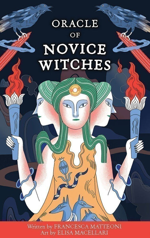 orakulų kortos Oracle of Novice Witches – ryškus viršelis su trimis veidais, žaliomis plaukų sruogomis ir degančiais fakelais