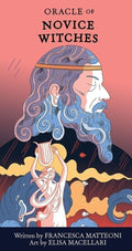 knyga Oracle of Novice Witches – ryškus rožinis ir mėlynas viršelis su barzdotu vyro profiliu ir moterimi, laikančia lirą