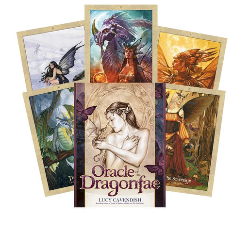 Oracle kortos Dragonfae Lucy Cavendish komplektas su dėklu ir šešiomis spalvotomis fantazijos iliustruotomis kortomis