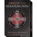 orakulų kortų rinkinys "Oracle of the Hekatean Path", juodas dėklas su raudonu spiraliniu simboliu, pavaizduotas iš šono