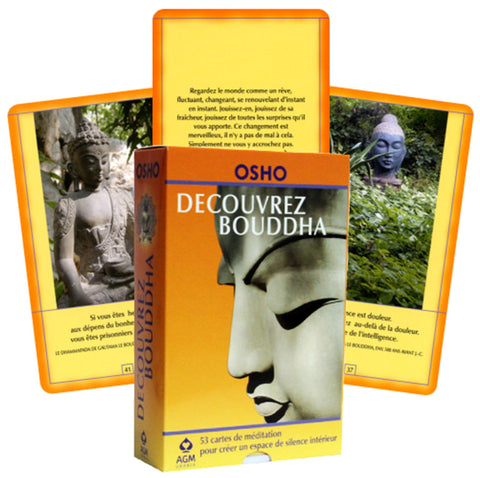 Meditacijos kortos Osho, oranžinė dėžutė su Budos veidu ir trijų kortų išdėstymu, rodoma komplekto variantui