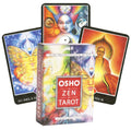 Osho Zen tarot rinkinys su dėže ir trimis spalvingomis kortomis, matomas iš priekio