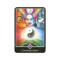 Tarot korta L'INTÉGRATION (XIV) ryški, yin–yang centre, dvipusis veidas ir saulės bei gulbės simboliai