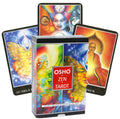 Osho Zen Tarot kortų rinkinys, spalvota dėžutė priekyje ir trys ryškios iliustruotos kortos fone, priekinis kampinis rodinys