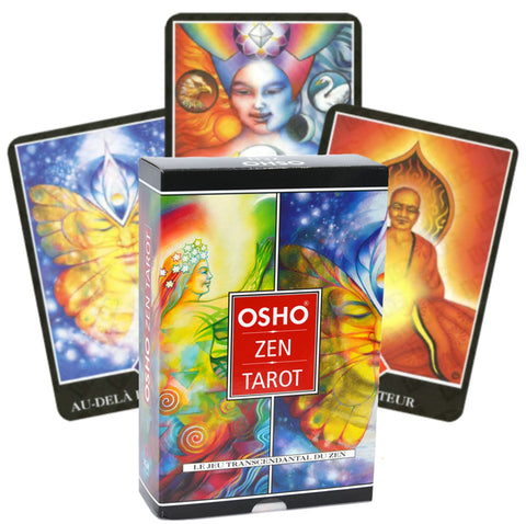 Osho Zen Tarot kortų rinkinys, spalvota dėžutė priekyje ir trys ryškios iliustruotos kortos fone, priekinis kampinis rodinys
