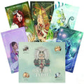 Ostara tarot kortų rinkinys: pastelinė dėžutė su autorių iliustracijomis ir keli išskleisti, skirtingi kortų piešiniai