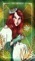 tarot korta Imperatorė, iliustracinis plakatas su raudonplauke moterimi, žaliu fonu, gėle ir paukščio lizdu