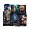 Otherworld Oracle kortos su autoriais Laura ir Sandra Caputo, rodoma dėžutė ir penkios skirtingos mistinės iliustracijos, skirtos pirkėjo peržiūrai