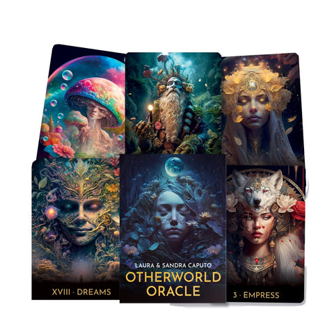Otherworld Oracle kortos su autoriais Laura ir Sandra Caputo, rodoma dėžutė ir penkios skirtingos mistinės iliustracijos, skirtos pirkėjo peržiūrai