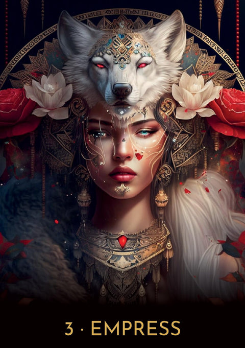 tarot korta Imperatorė su baltu vilko galvos apdaru, raudonu širdies brangakmeniu ir stilingais gėlių akcentais