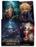 Orakulo kortų rinkinys Otherworld Oracle — dėžutės viršelis su mėlyna sapnuojančia moters figūra ir keturiomis ryškiomis fantazijos iliustracijomis