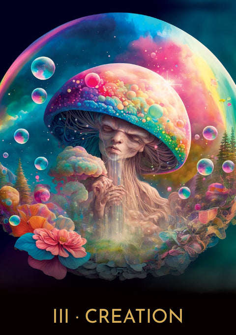 tarot korta Creation su spalvingu milžinišku grybų kepurės portretu, kurio veidas išskiria vandens krioklį ir sapnišką florą