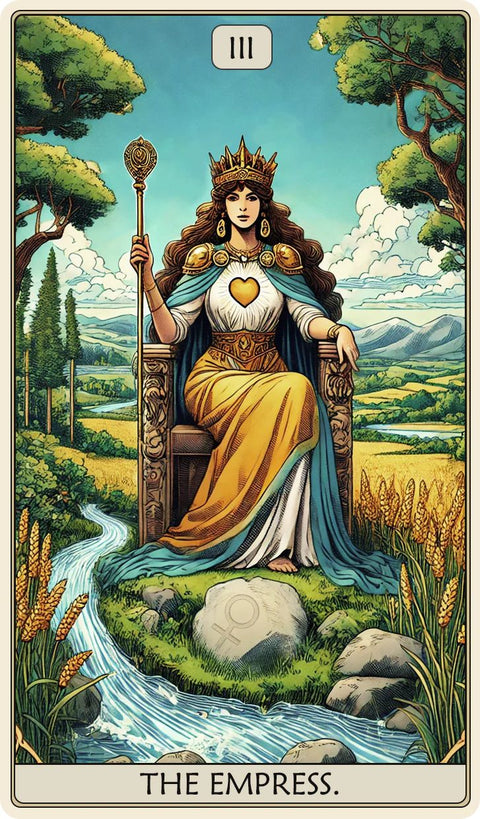 tarot korta Imperatorė — iliustruota karalienė su karūna ir skeptru, širdies emblema, upelio teka per kviečių lauką, ramus peizažas