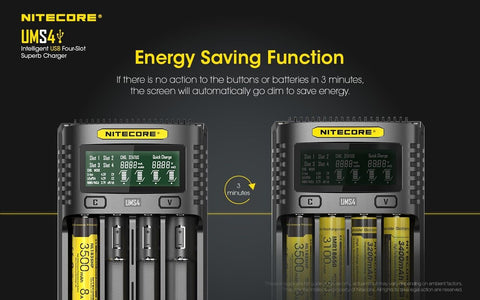 Nitecore UMS4 išmanus 4 lizdų USB baterijų įkroviklis su LCD