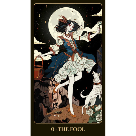 Tarot korta The Fool – iliustruota figūra mėnulio fone su mėlyna suknele, baltu šuniu ir uolos kraštu