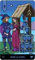Tarot korta Nine of Cups, iliustracinė priekinė pusė su mėlynomis širdies taurėmis ir šuliniu, pilnas rėmas