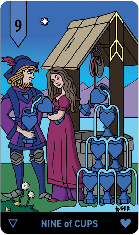 Tarot korta Nine of Cups, iliustracinė priekinė pusė su mėlynomis širdies taurėmis ir šuliniu, pilnas rėmas