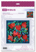 Kryželių rinkinys Riolis 40×40 cm – granatų raštas su ryškiomis raudonomis granatomis ir žaliais lapais, panelė pagalvei