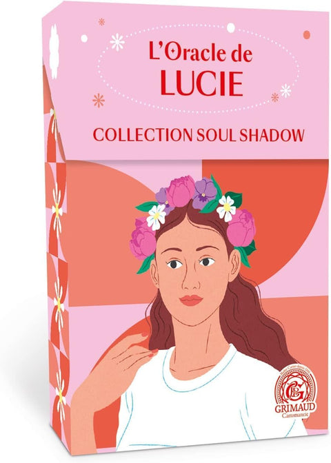 Orakulo kortos L'Oracle de Lucie – rožinė Grimaud dėžutė su gėlių vainiku pasidabinusios moters iliustracija